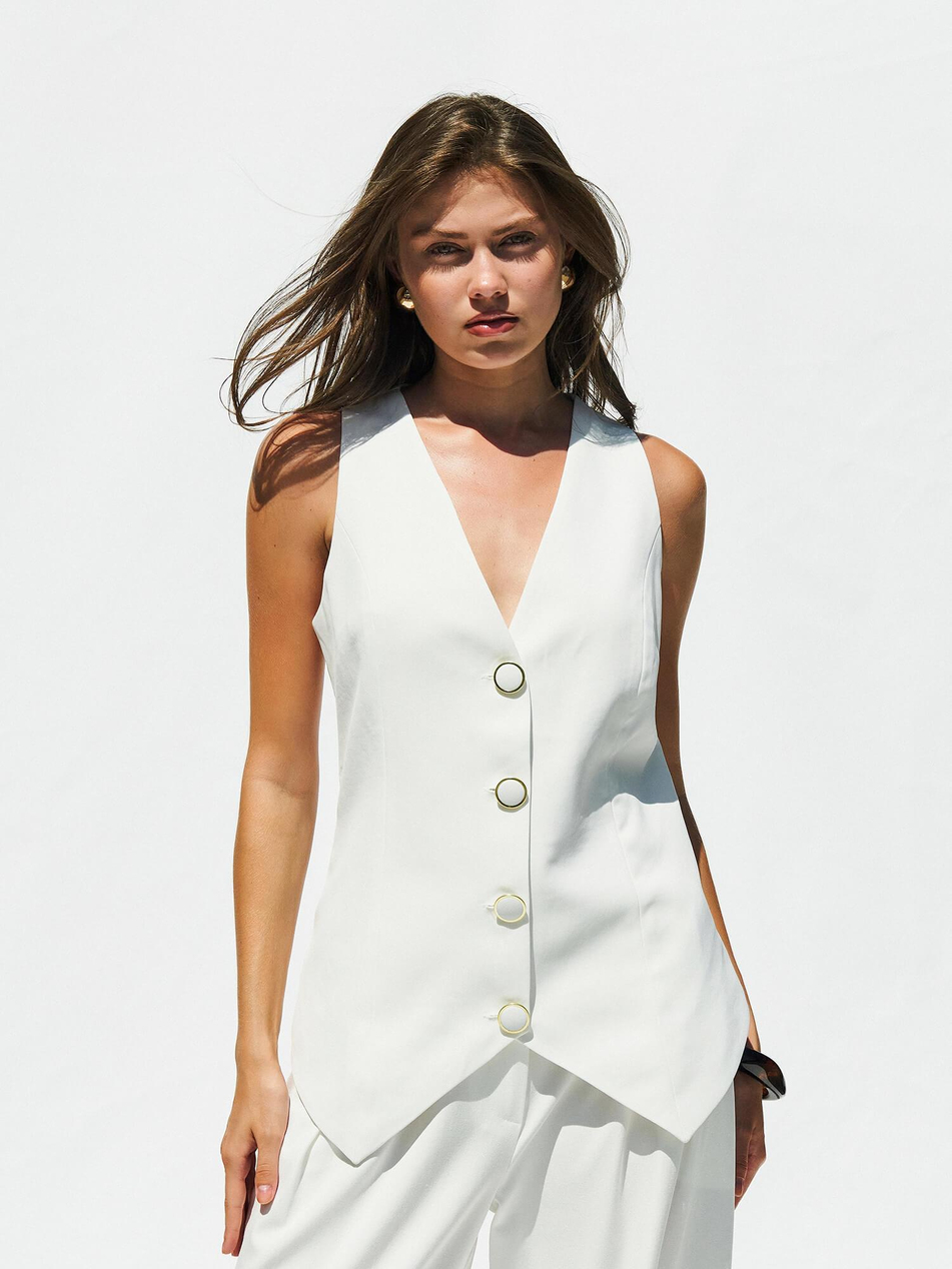 Düğmeli V Yaka Yelek 120689 EkruCoral