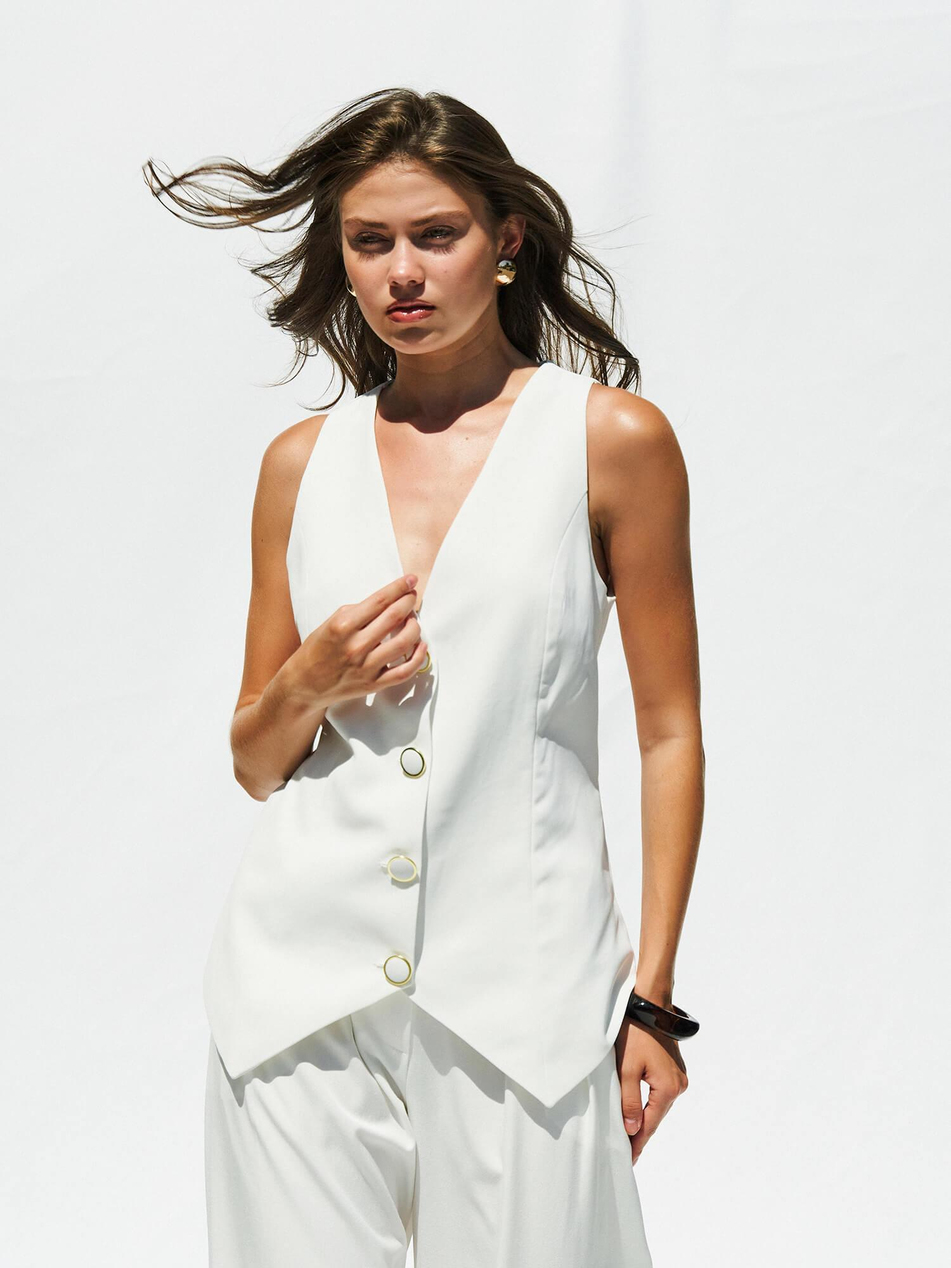 Düğmeli V Yaka Yelek 120689 EkruCoral