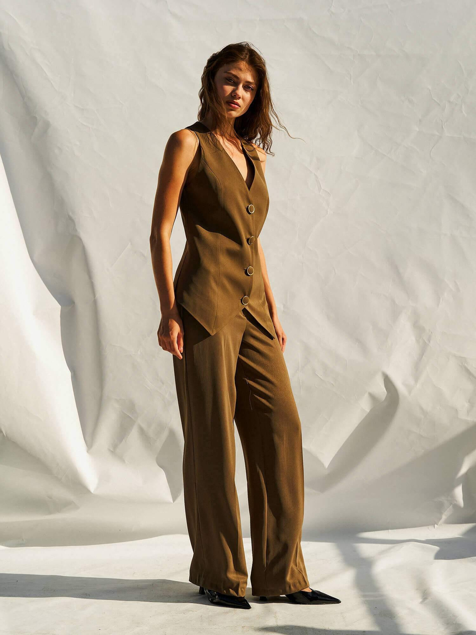 Düğmeli V Yaka Yelek 120689 KahveCoral