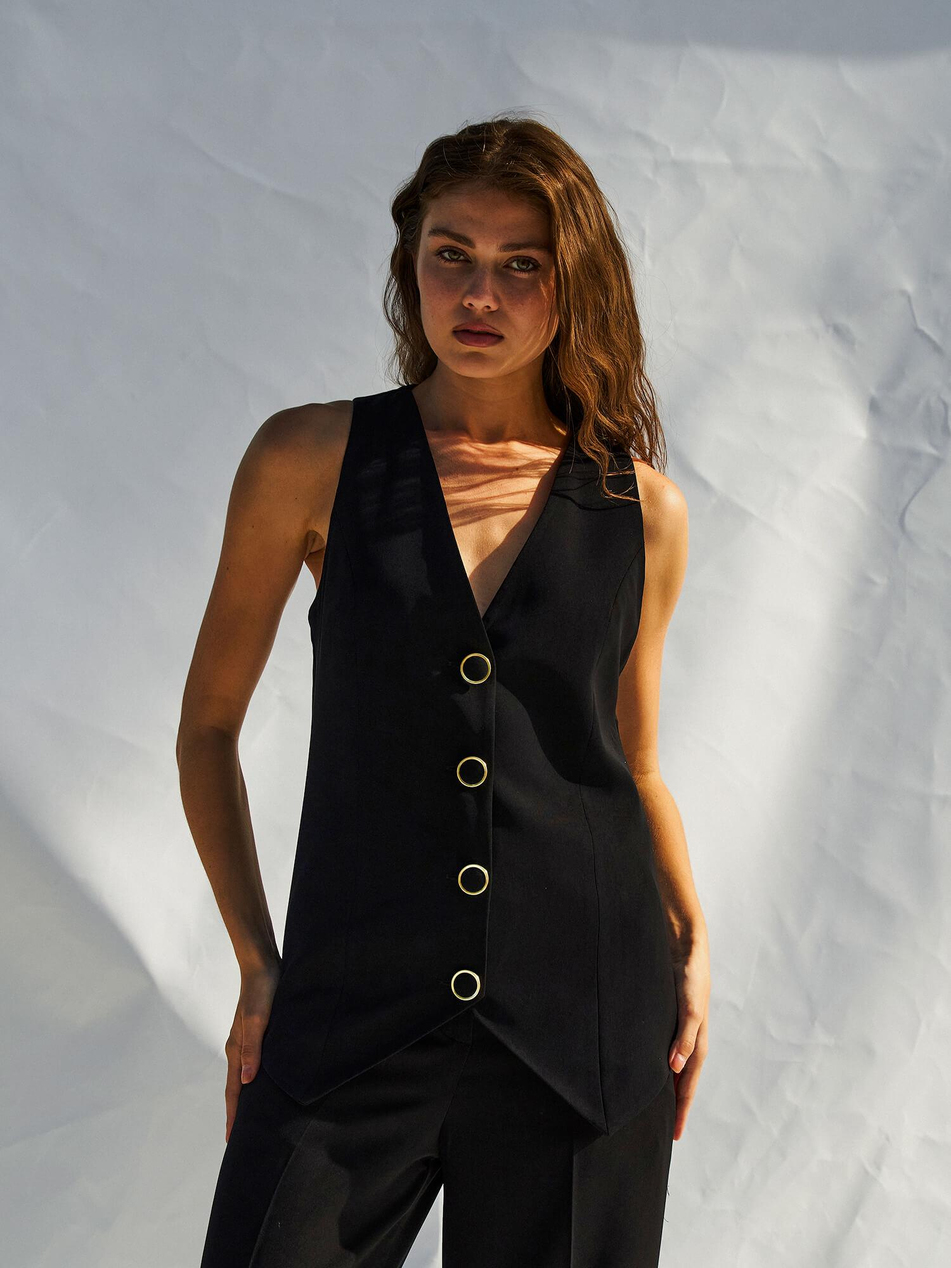 Düğmeli V Yaka Yelek 120689 SiyahCoral