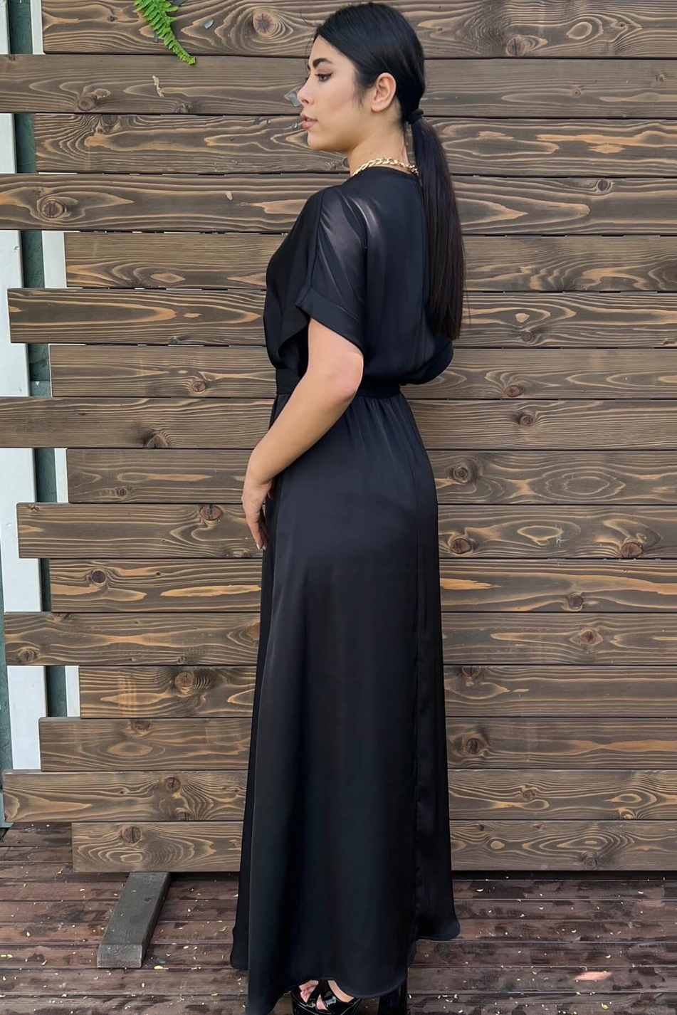 Düşük Kol Elbise Siyah-Coral