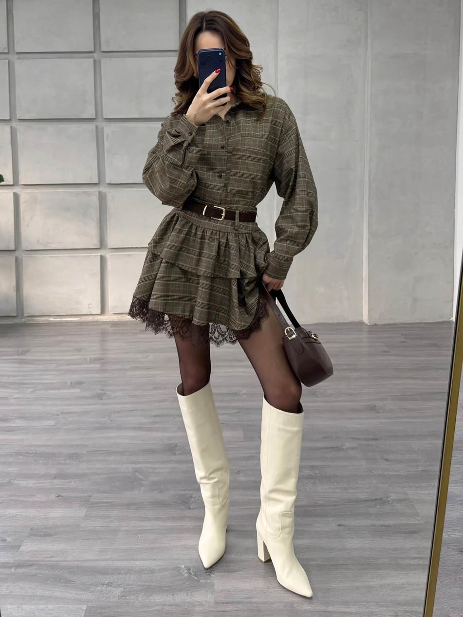 Eteği Dantelli Kemerli Ekoseli Takım 37204 Açık Kahve