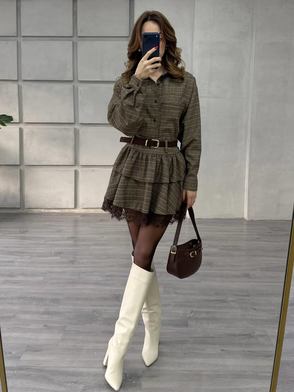 Eteği Dantelli Kemerli Ekoseli Takım 37204 Açık KahveCoral