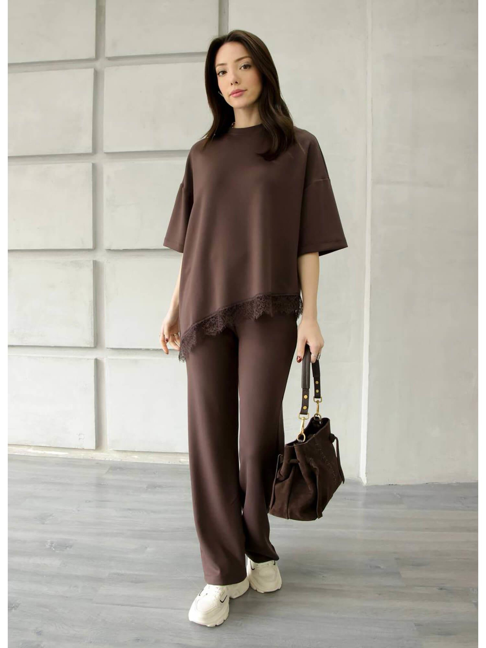 Eteği Dantelli Tişörtlü Takım 2335 KahveCoral