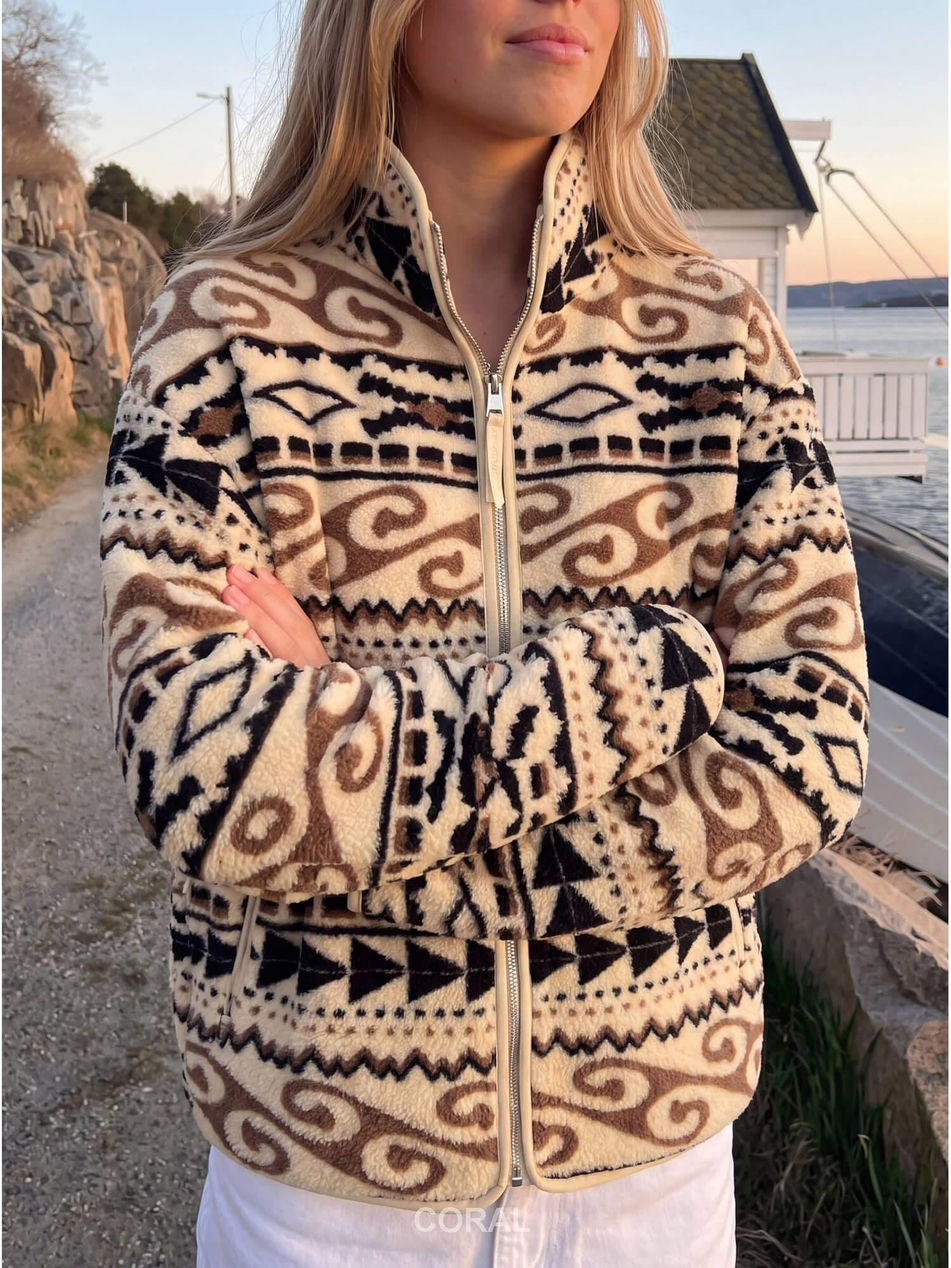 Etnik Desenli Fermuarlı Peluş Sweatshirt 6041 BejCoral