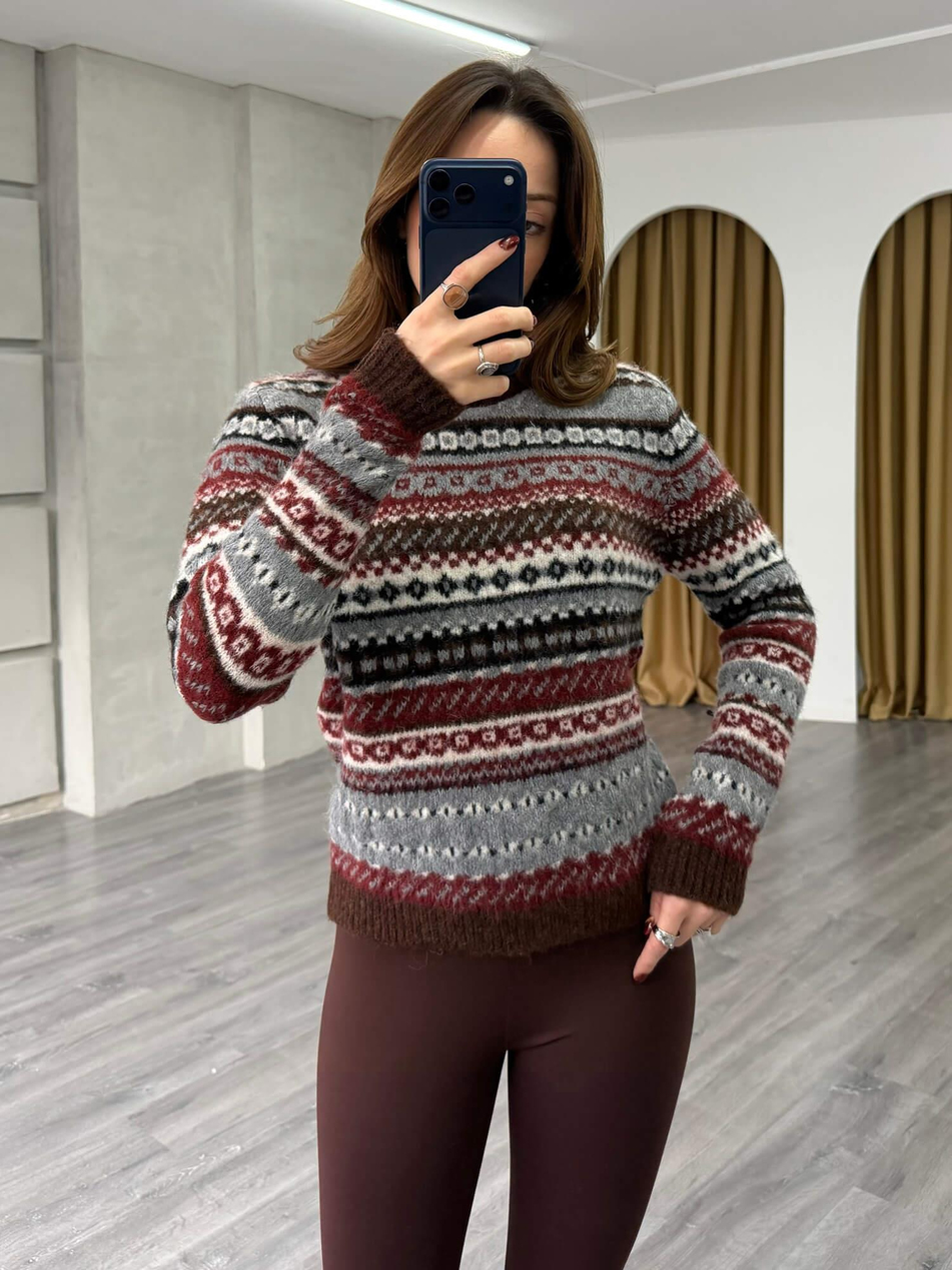 Etnik Desenli Kazak 3197 KahveCoral