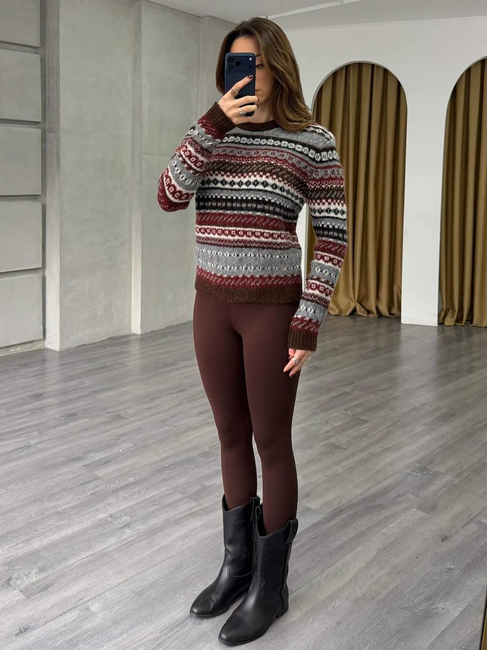 Etnik Desenli Kazak 3197 KahveCoral