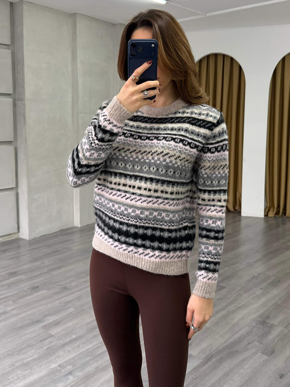 Etnik Desenli Kazak 3197 VizonCoral