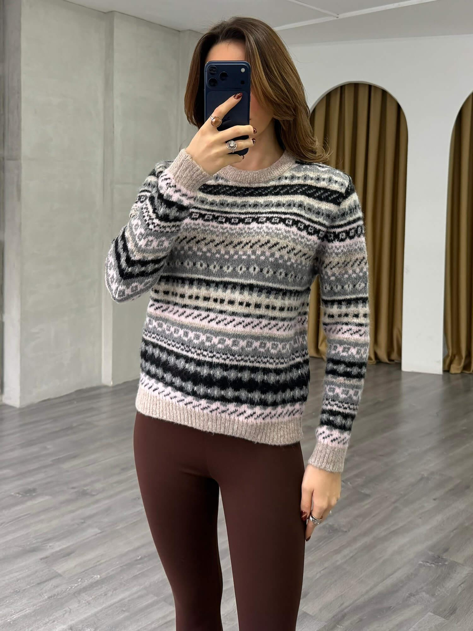 Etnik Desenli Kazak 3197 VizonCoral