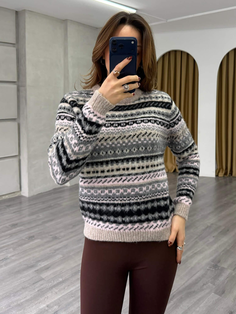 Etnik Desenli Kazak 3197 Vizon