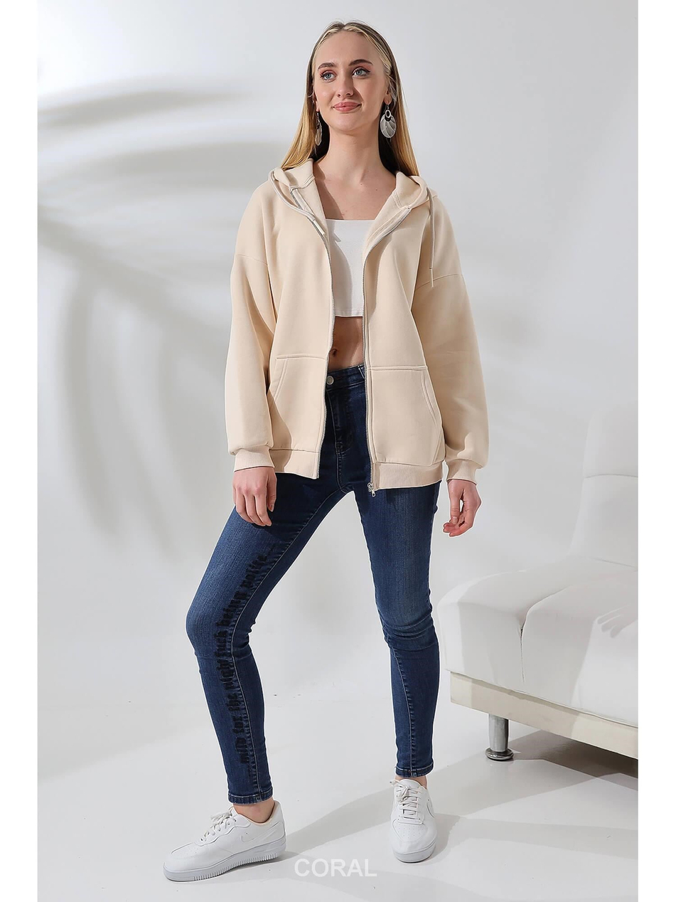 Fermuarlı Kapüşonlu Kanguru Cep Sweatshirt 21618 TaşCoral