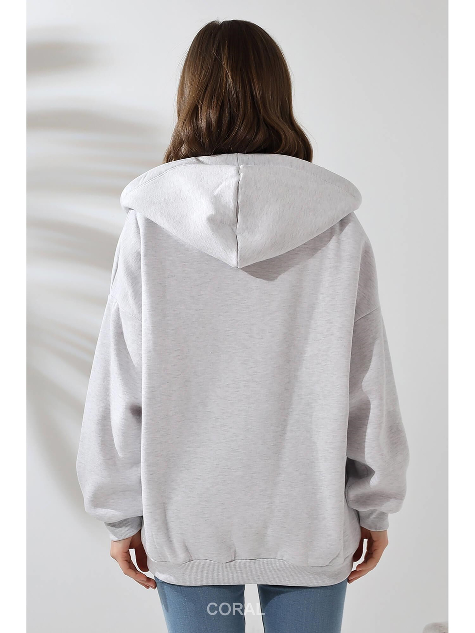 Fermuarlı Kapüşonlu Kanguru Cep Sweatshirt 21618 Açık GriCoral