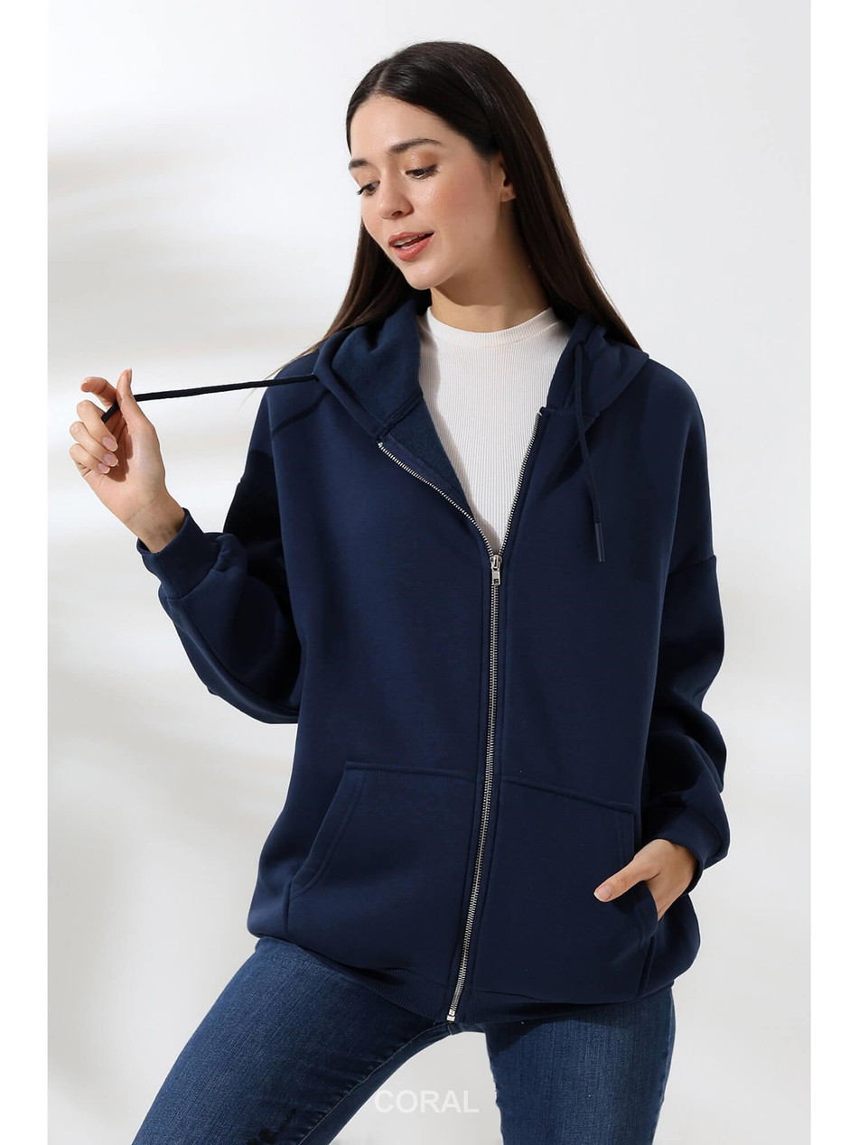 Fermuarlı Kapüşonlu Kanguru Cep Sweatshirt 21618 LacivertCoral