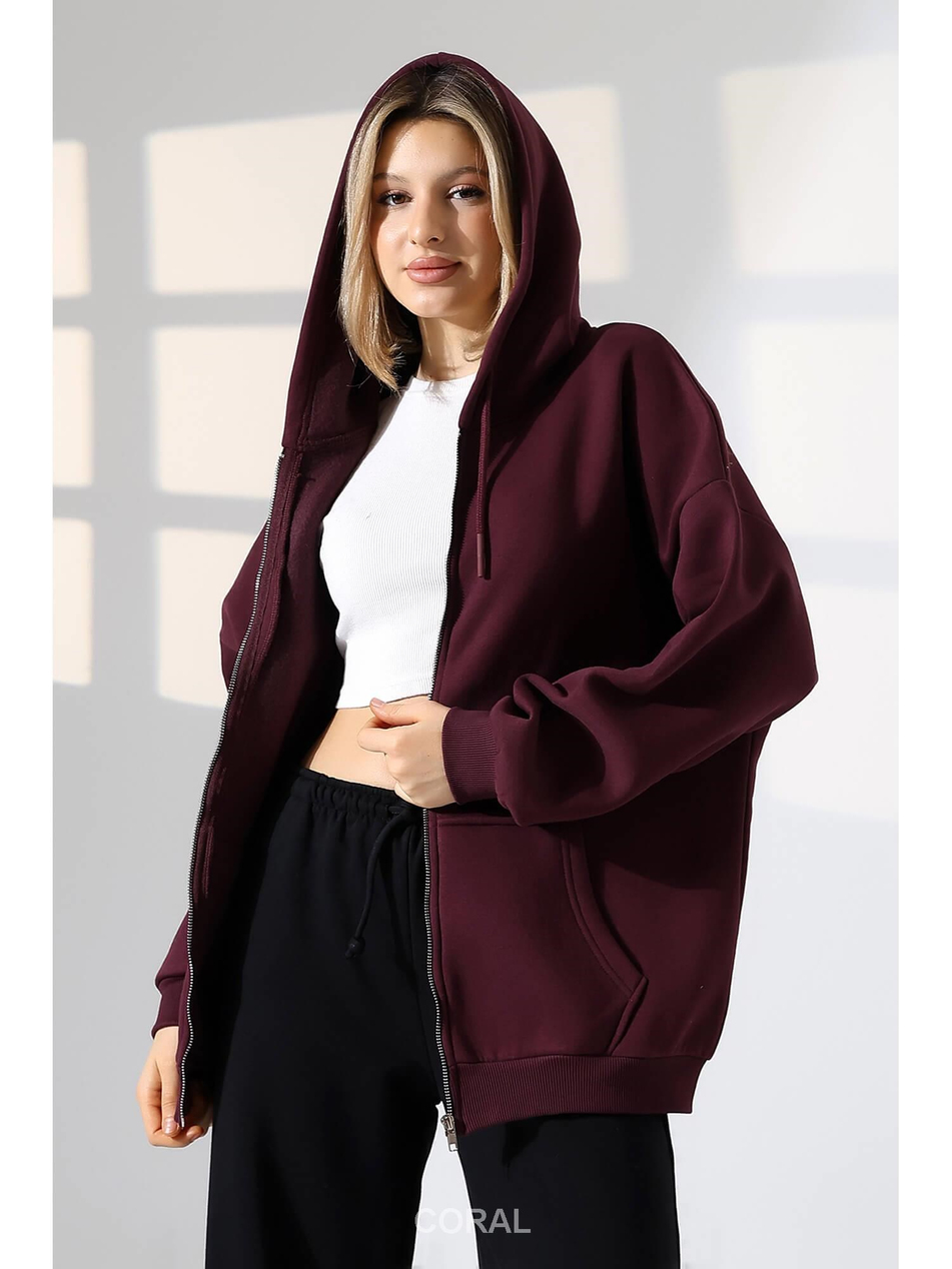 Fermuarlı Kapüşonlu Kanguru Cep Sweatshirt 21618 MürdümCoral