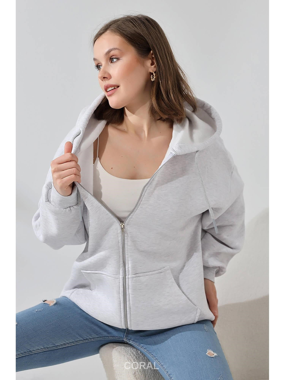 Fermuarlı Kapüşonlu Kanguru Cep Sweatshirt 21618 Açık GriCoral
