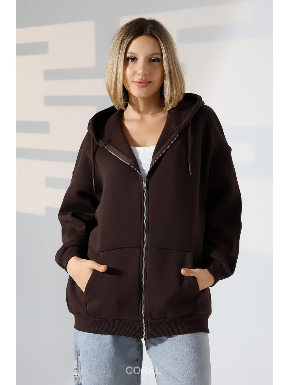 Fermuarlı Kapüşonlu Kanguru Cep Sweatshirt 21618 KahveCoral