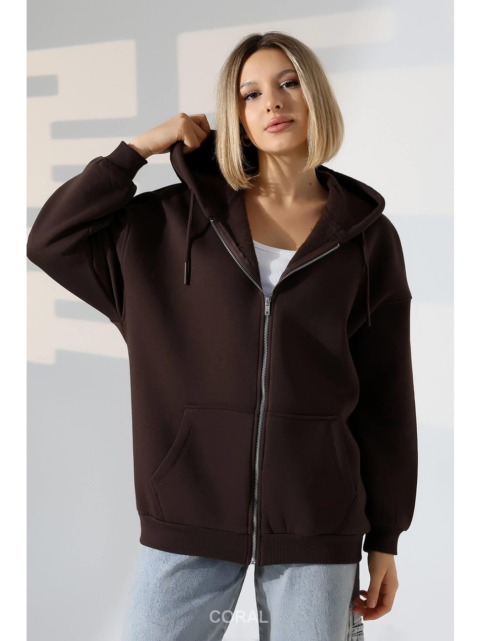 Fermuarlı Kapüşonlu Kanguru Cep Sweatshirt 21618 KahveCoral
