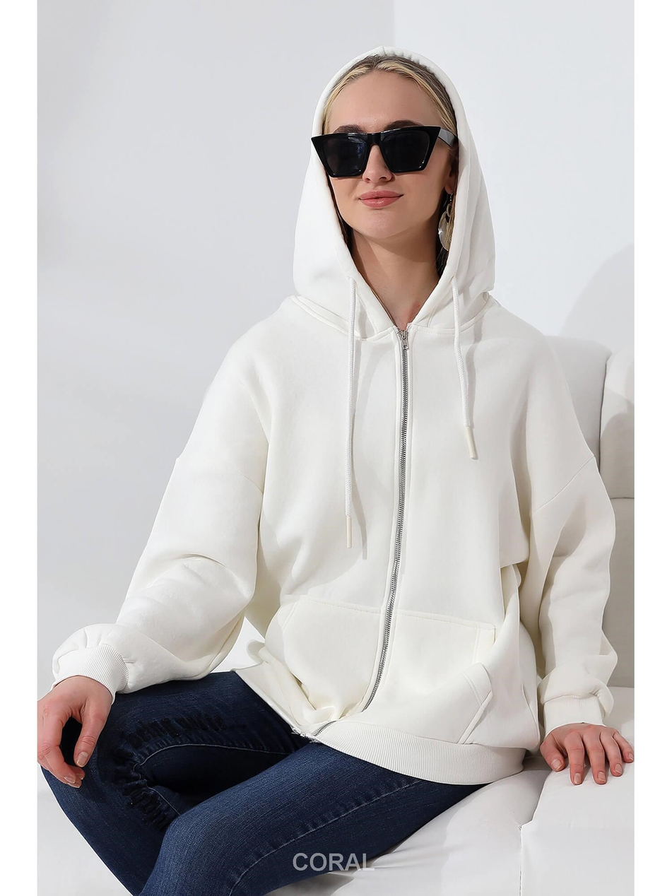 Fermuarlı Kapüşonlu Kanguru Cep Sweatshirt 21618 EkruCoral