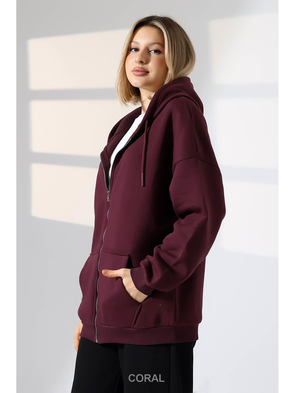 Fermuarlı Kapüşonlu Kanguru Cep Sweatshirt 21618 MürdümCoral