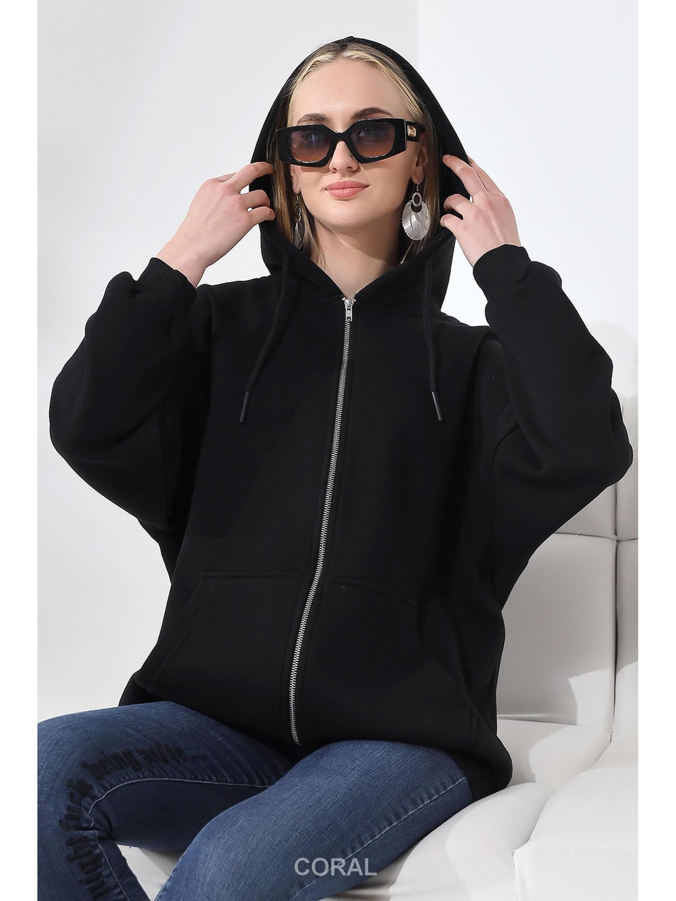 Fermuarlı Kapüşonlu Kanguru Cep Sweatshirt 21618 SiyahCoral
