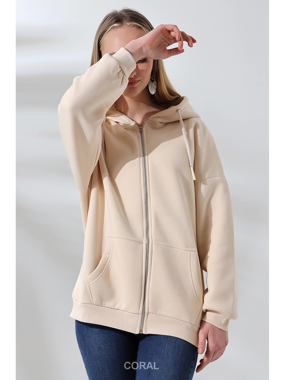 Fermuarlı Kapüşonlu Kanguru Cep Sweatshirt 21618 TaşCoral