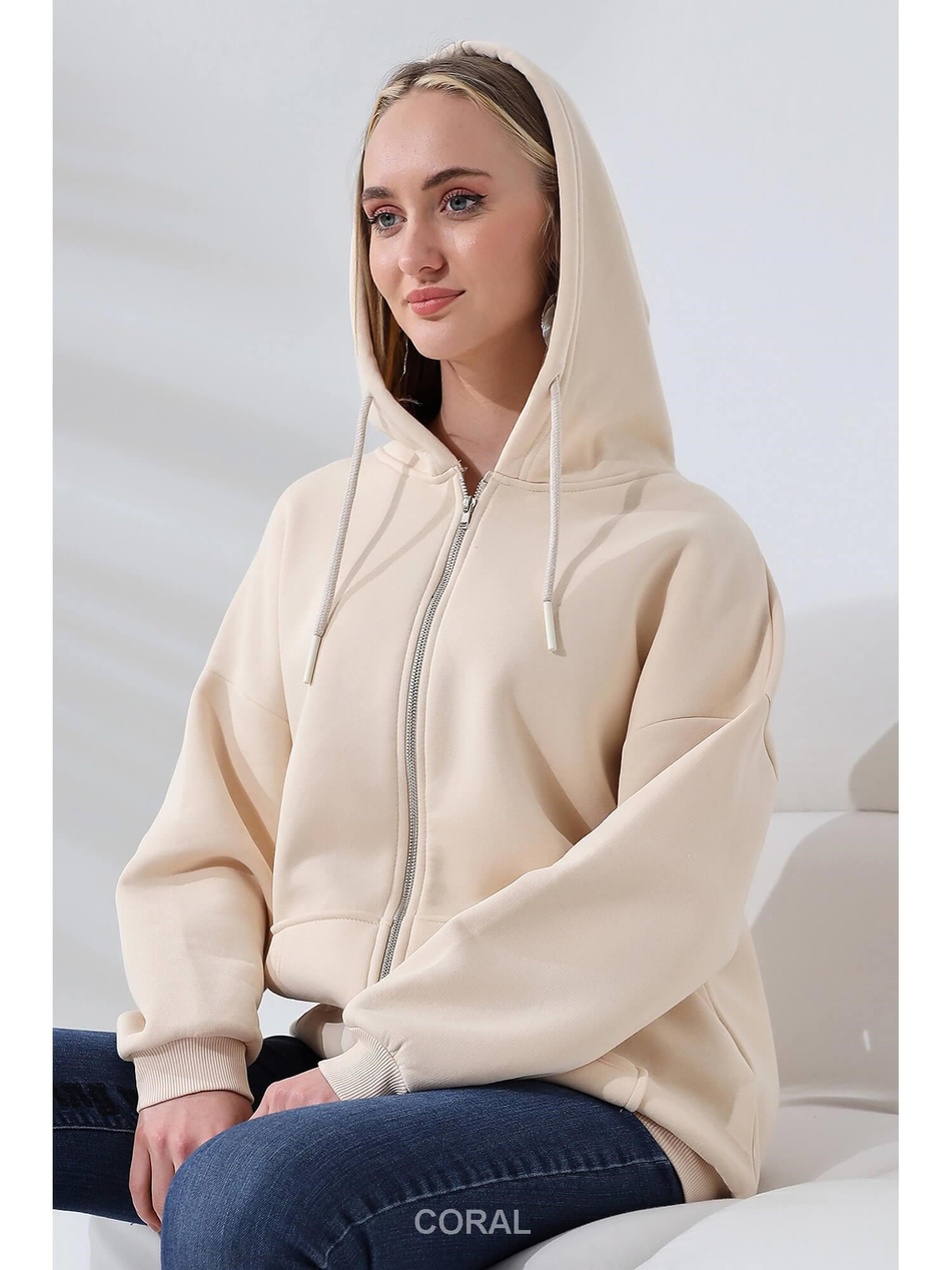 Fermuarlı Kapüşonlu Kanguru Cep Sweatshirt 21618 TaşCoral