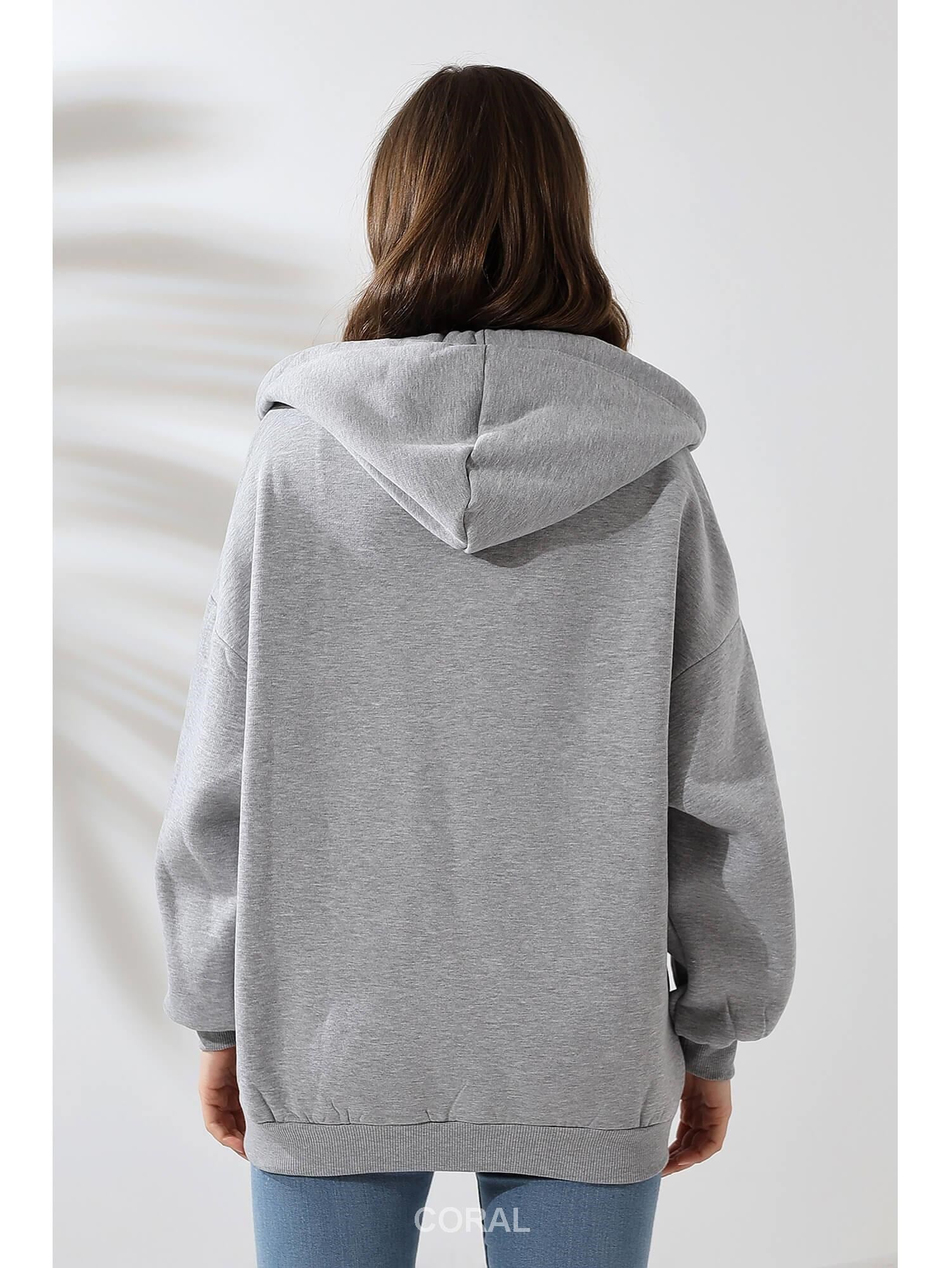 Fermuarlı Kapüşonlu Kanguru Cep Sweatshirt 21618 GriCoral