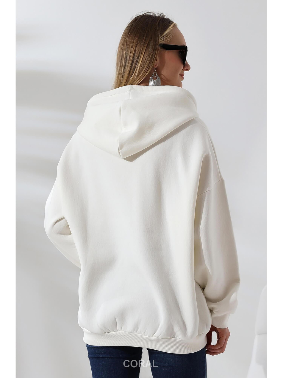 Fermuarlı Kapüşonlu Kanguru Cep Sweatshirt 21618 EkruCoral