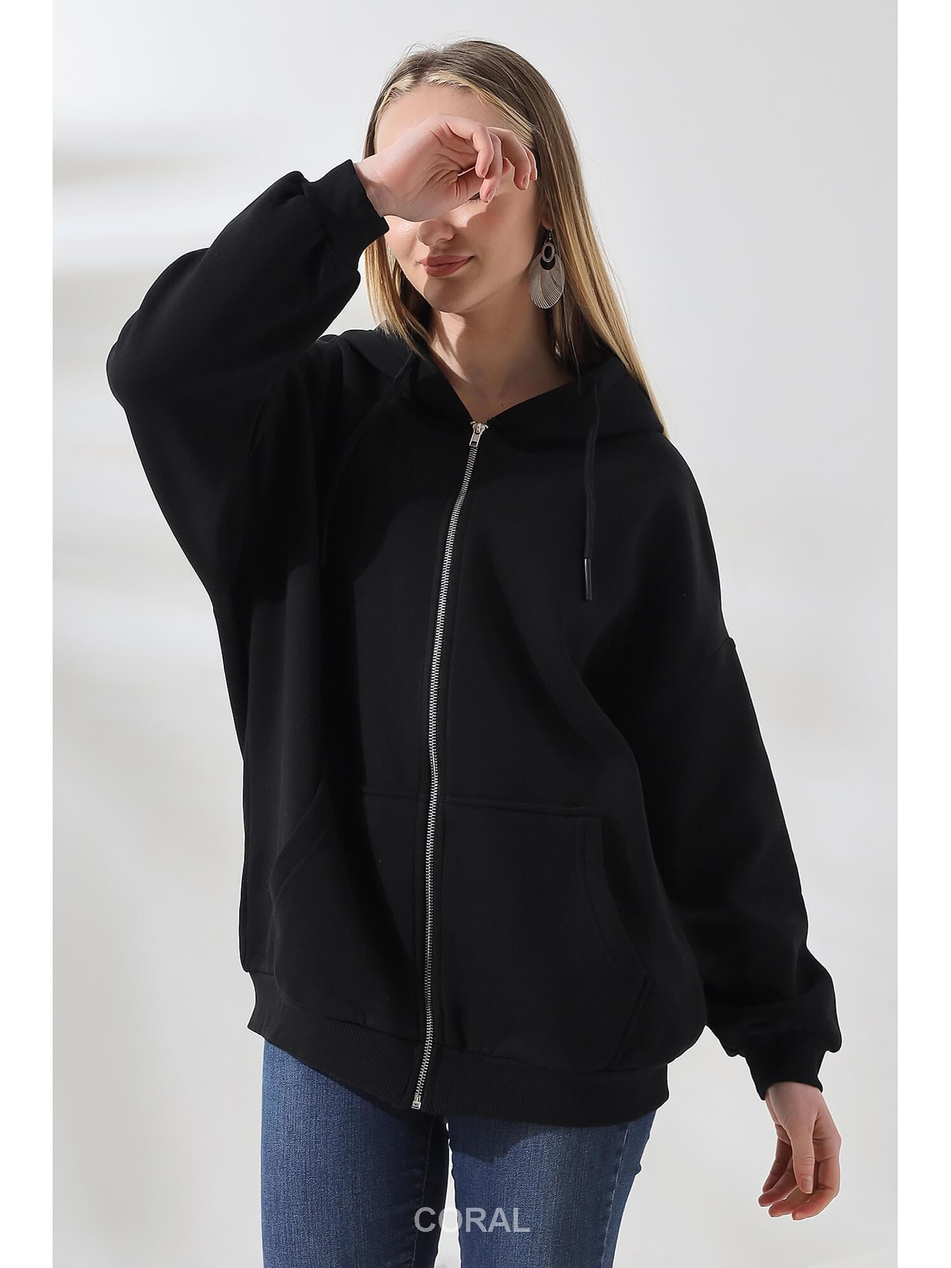 Fermuarlı Kapüşonlu Kanguru Cep Sweatshirt 21618 SiyahCoral
