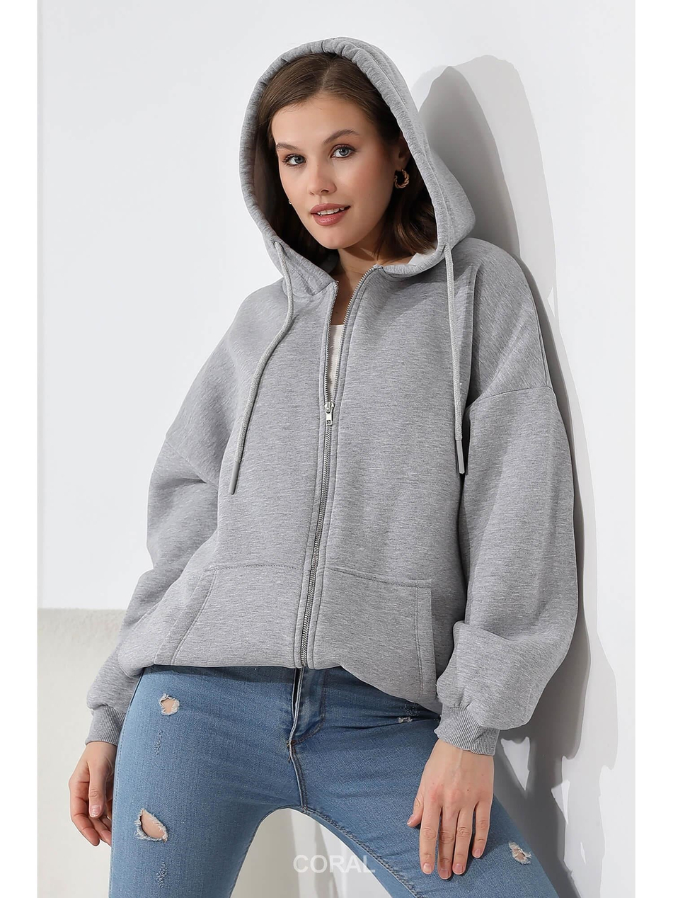 Fermuarlı Kapüşonlu Kanguru Cep Sweatshirt 21618 GriCoral