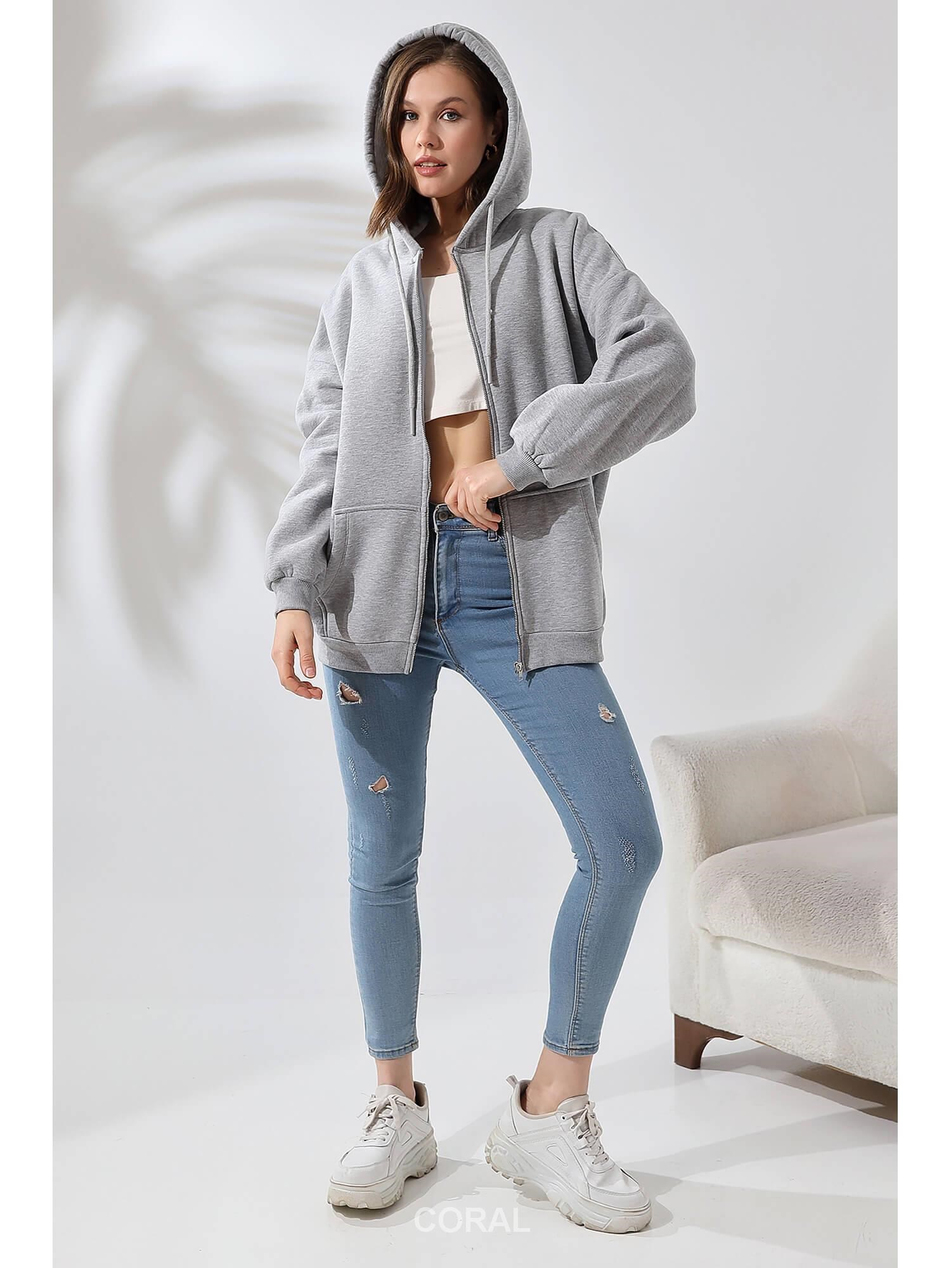 Fermuarlı Kapüşonlu Kanguru Cep Sweatshirt 21618 GriCoral