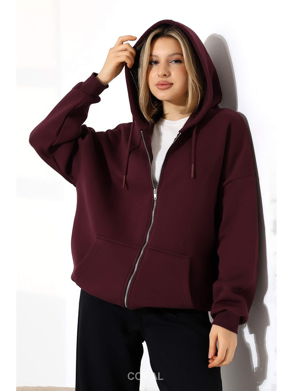Fermuarlı Kapüşonlu Kanguru Cep Sweatshirt 21618 MürdümCoral