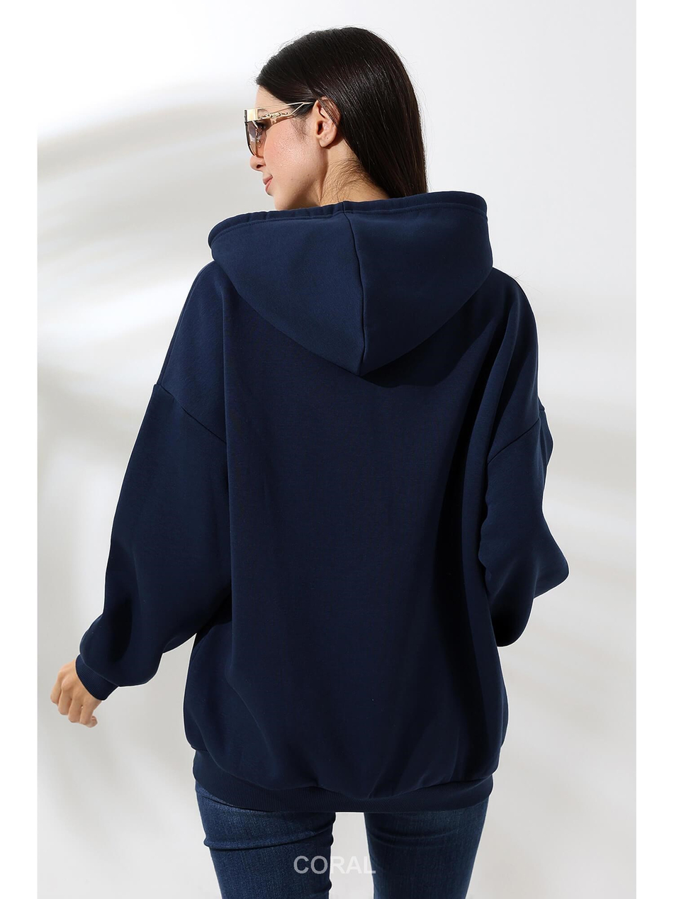 Fermuarlı Kapüşonlu Kanguru Cep Sweatshirt 21618 LacivertCoral