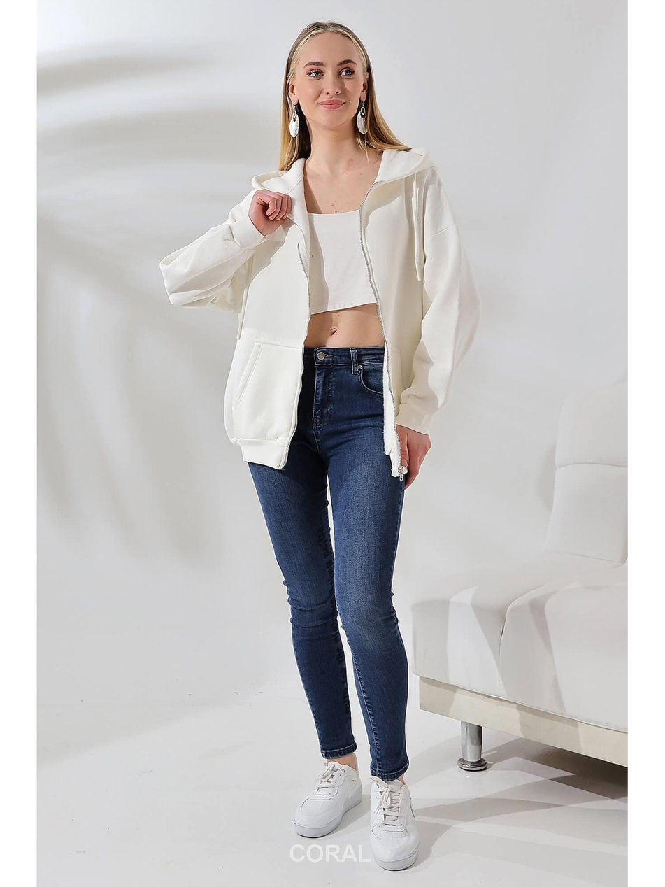 Fermuarlı Kapüşonlu Kanguru Cep Sweatshirt 21618 EkruCoral