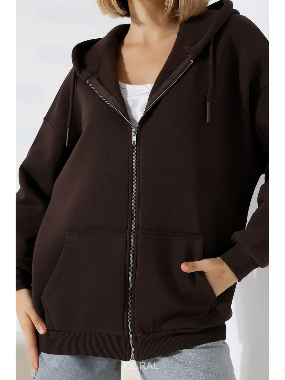 Fermuarlı Kapüşonlu Kanguru Cep Sweatshirt 21618 KahveCoral