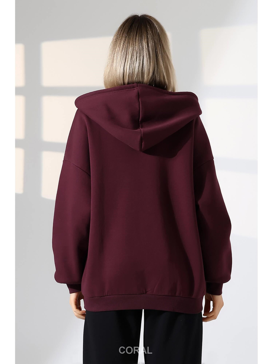 Fermuarlı Kapüşonlu Kanguru Cep Sweatshirt 21618 MürdümCoral