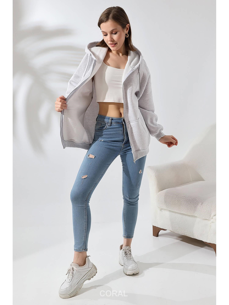 Fermuarlı Kapüşonlu Kanguru Cep Sweatshirt 21618 Açık GriCoral