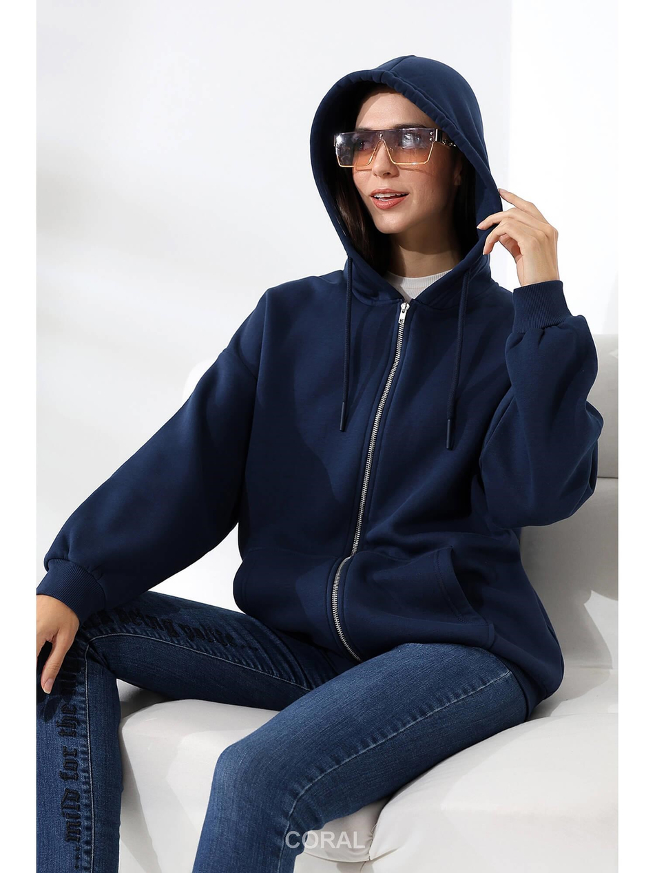 Fermuarlı Kapüşonlu Kanguru Cep Sweatshirt 21618 LacivertCoral