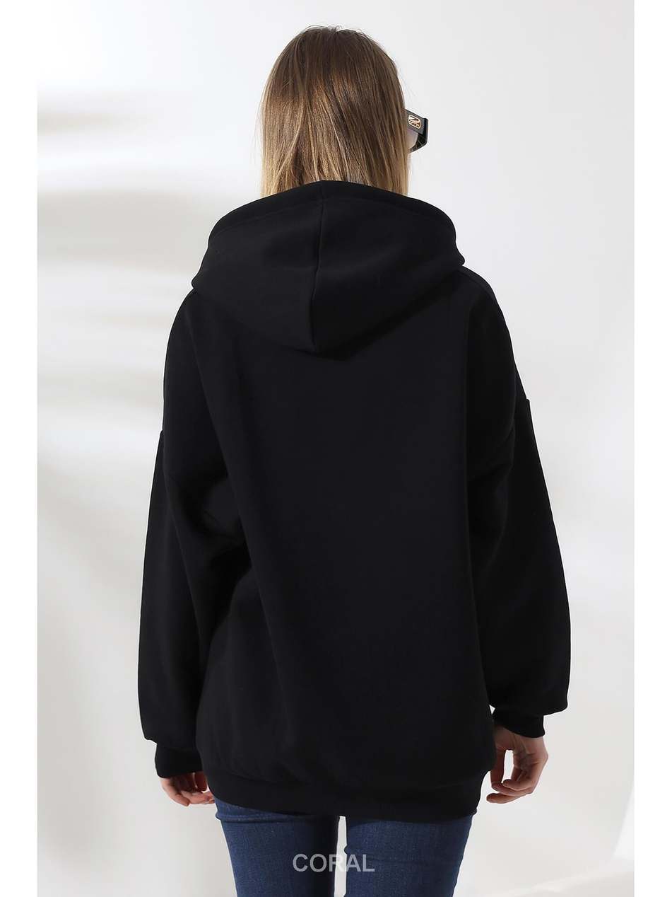 Fermuarlı Kapüşonlu Kanguru Cep Sweatshirt 21618 SiyahCoral