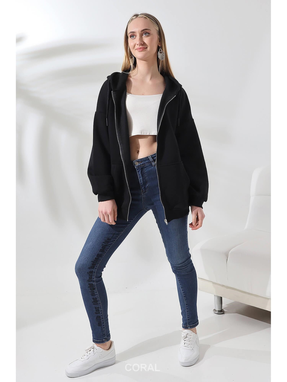 Fermuarlı Kapüşonlu Kanguru Cep Sweatshirt 21618 SiyahCoral