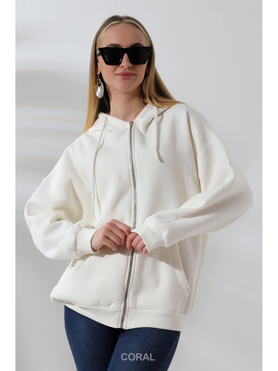 Fermuarlı Kapüşonlu Kanguru Cep Sweatshirt 21618 EkruCoral