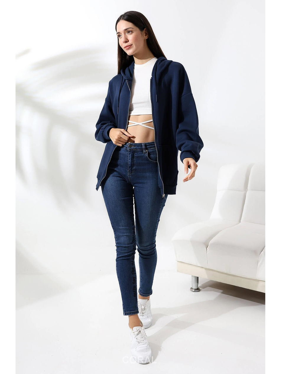 Fermuarlı Kapüşonlu Kanguru Cep Sweatshirt 21618 LacivertCoral