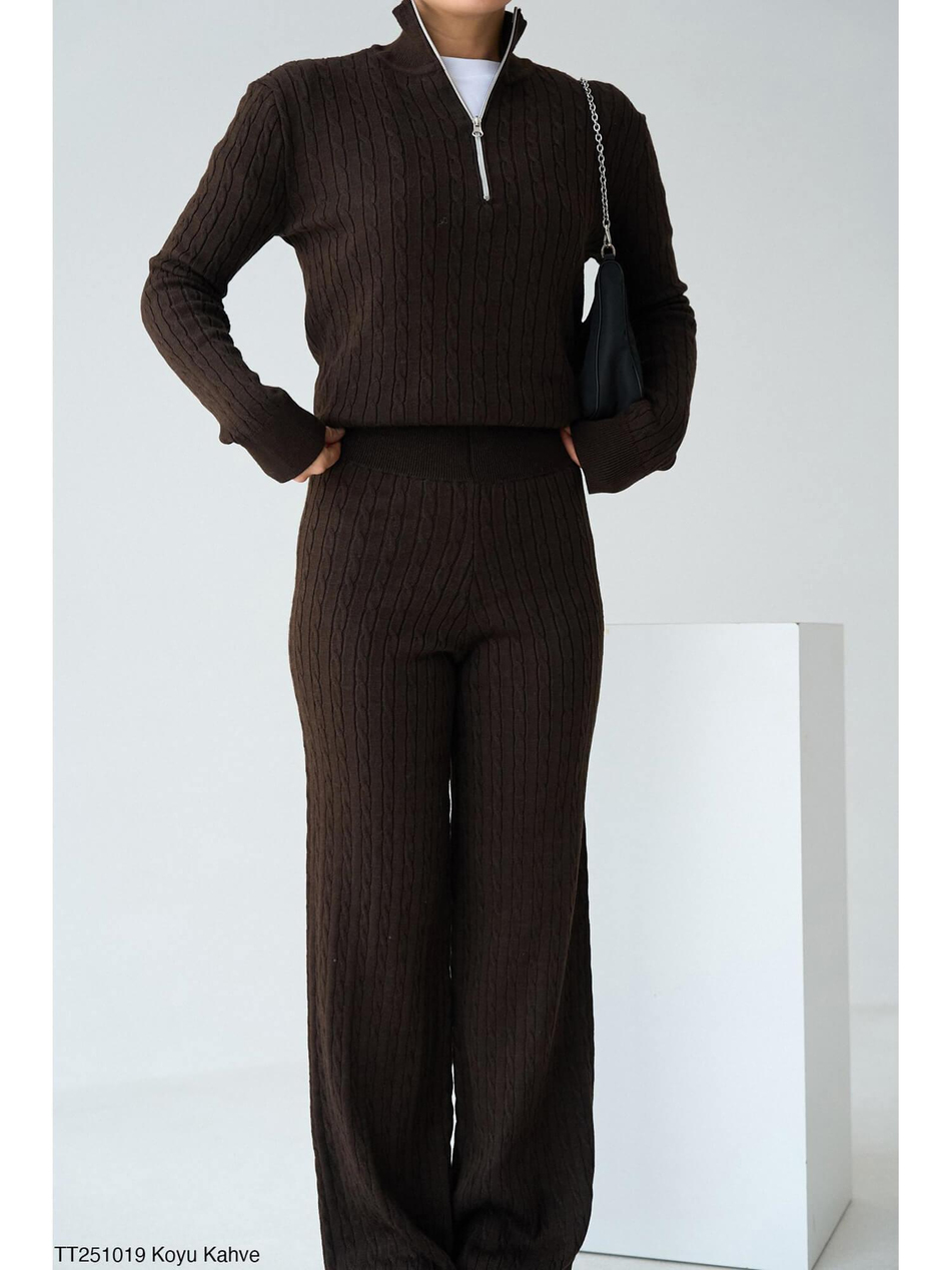 Fermuarlı Triko Takım Tt251019 KahveCoral