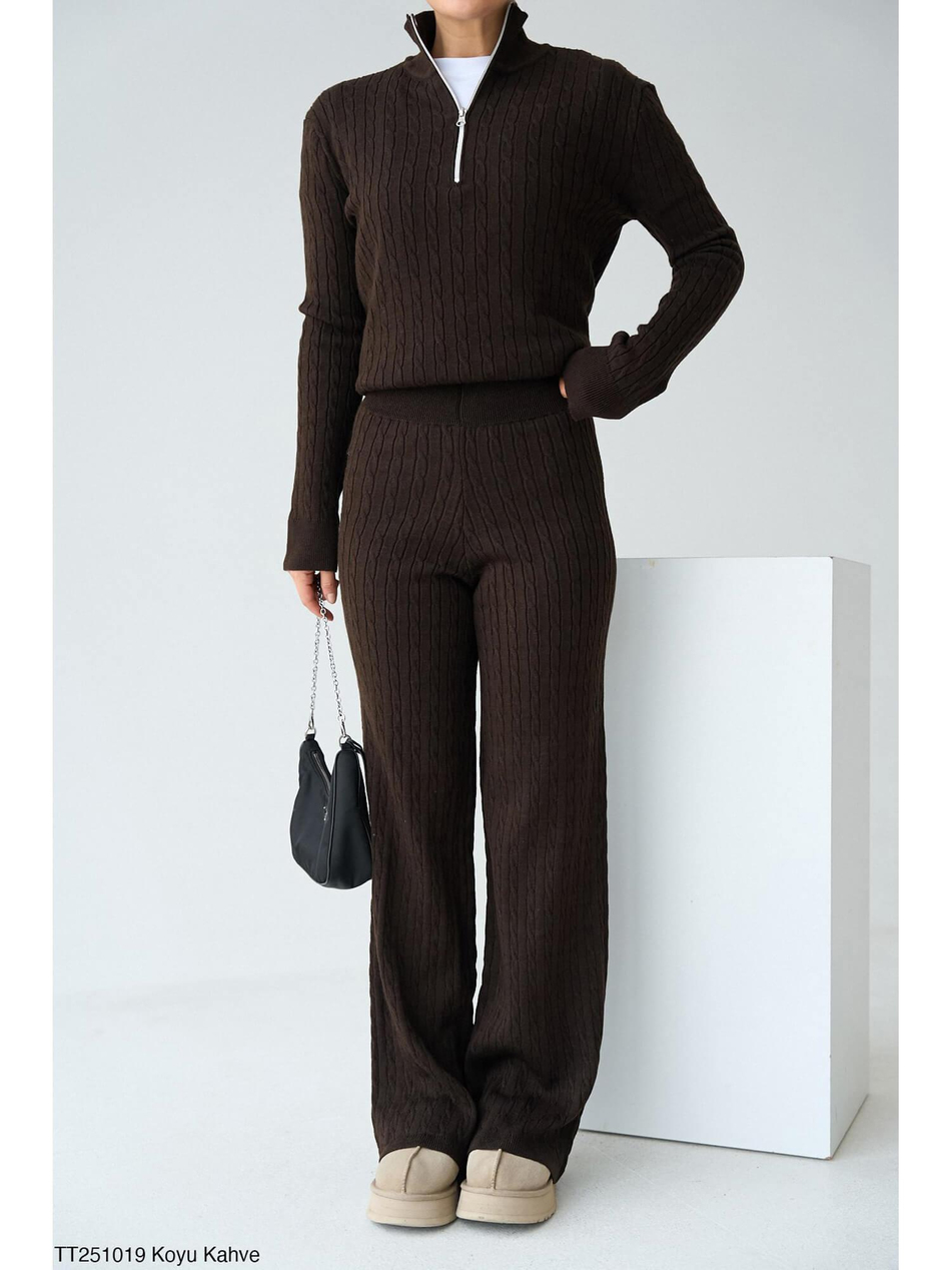 Fermuarlı Triko Takım Tt251019 KahveCoral