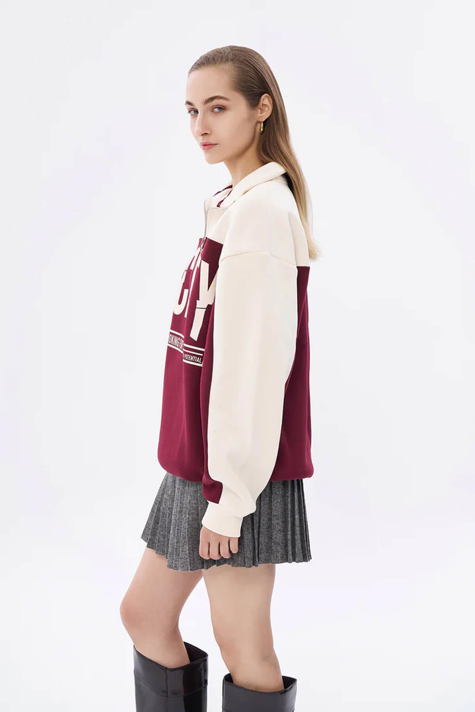 Fermuarlı Yarım Boğazlı Yazılı Sweatshirt Bej-Coral