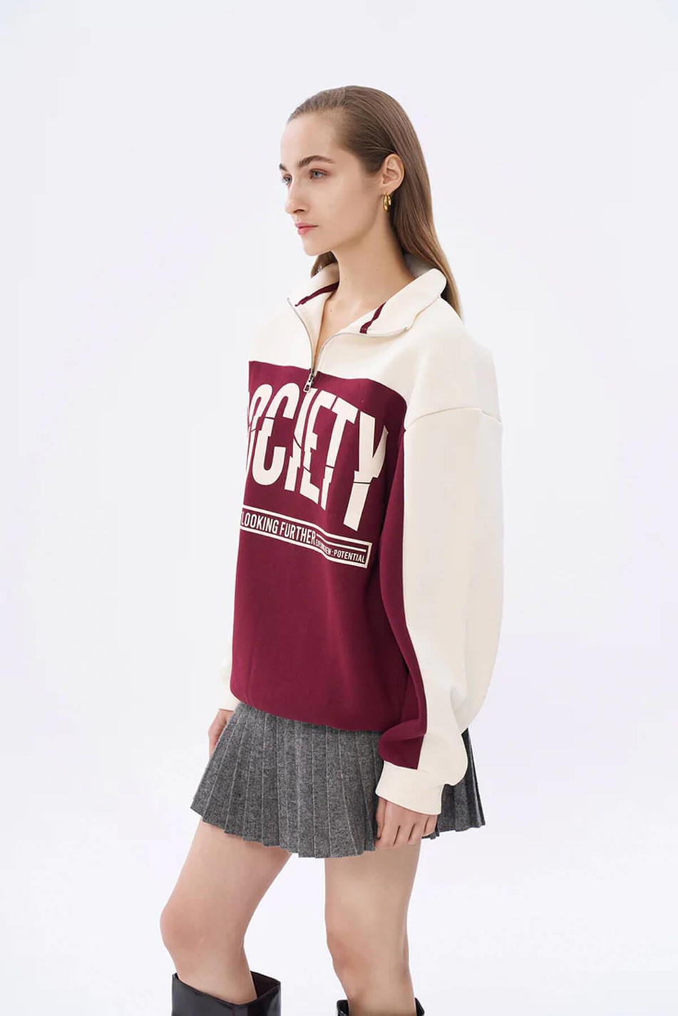Fermuarlı Yarım Boğazlı Yazılı Sweatshirt Bej-Coral