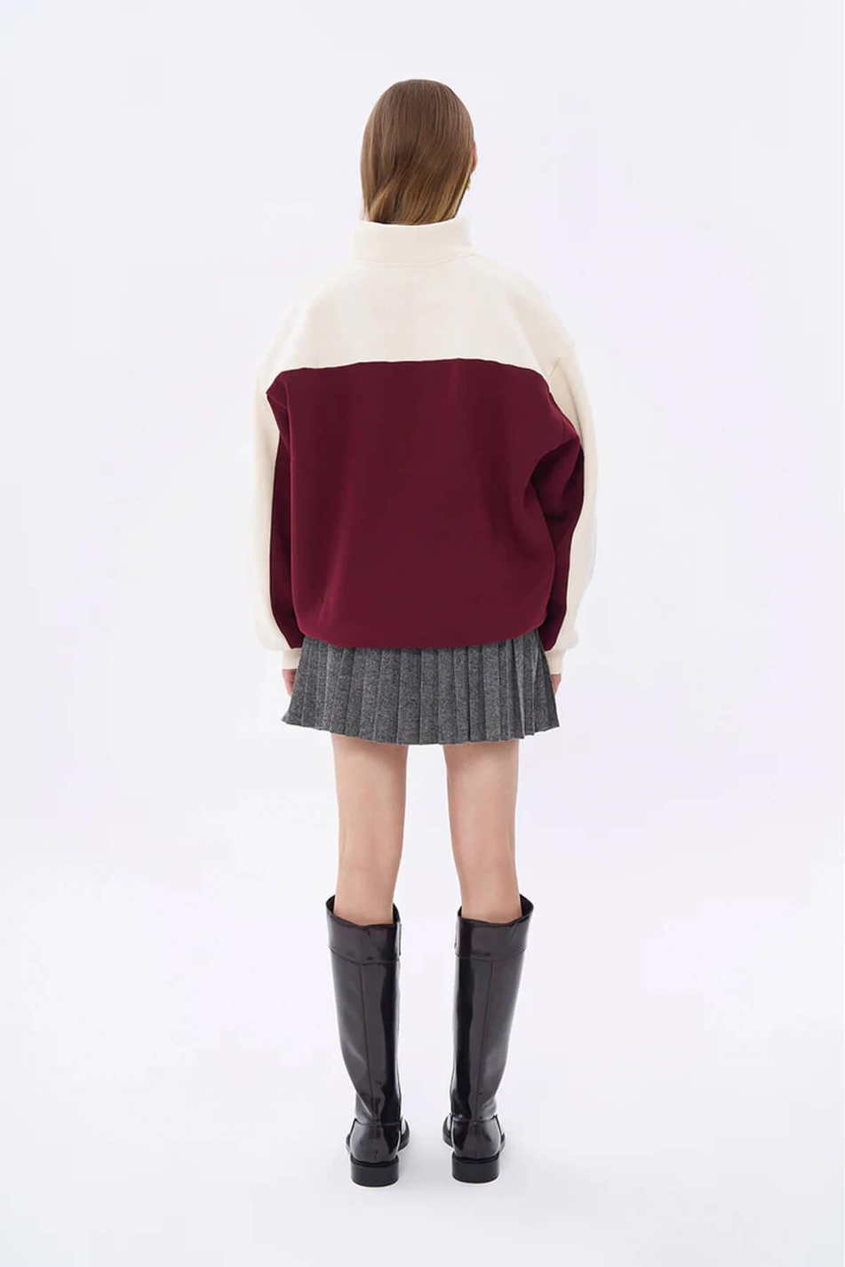 Fermuarlı Yarım Boğazlı Yazılı Sweatshirt Bej-Coral