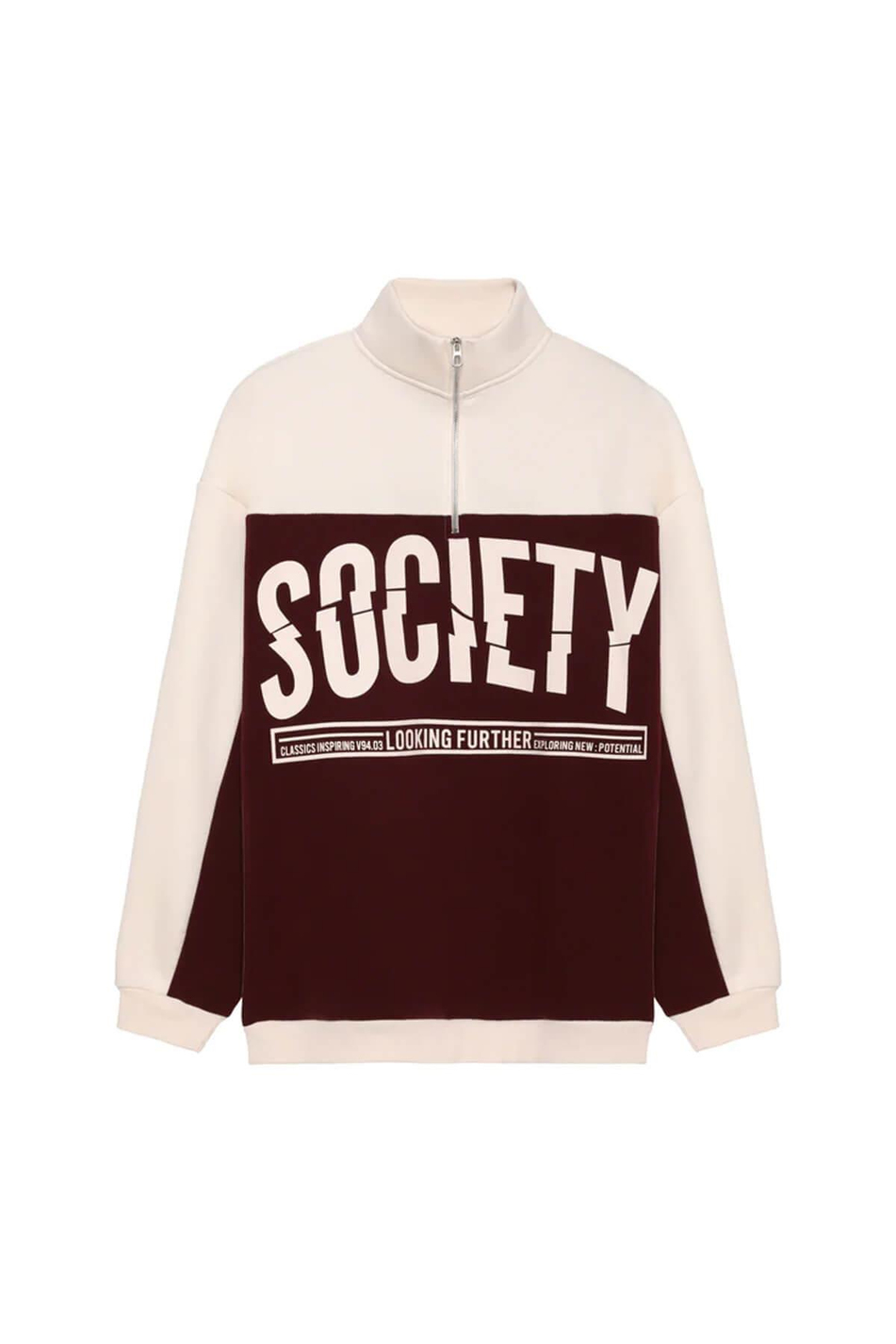 Fermuarlı Yarım Boğazlı Yazılı Sweatshirt Bej-Coral