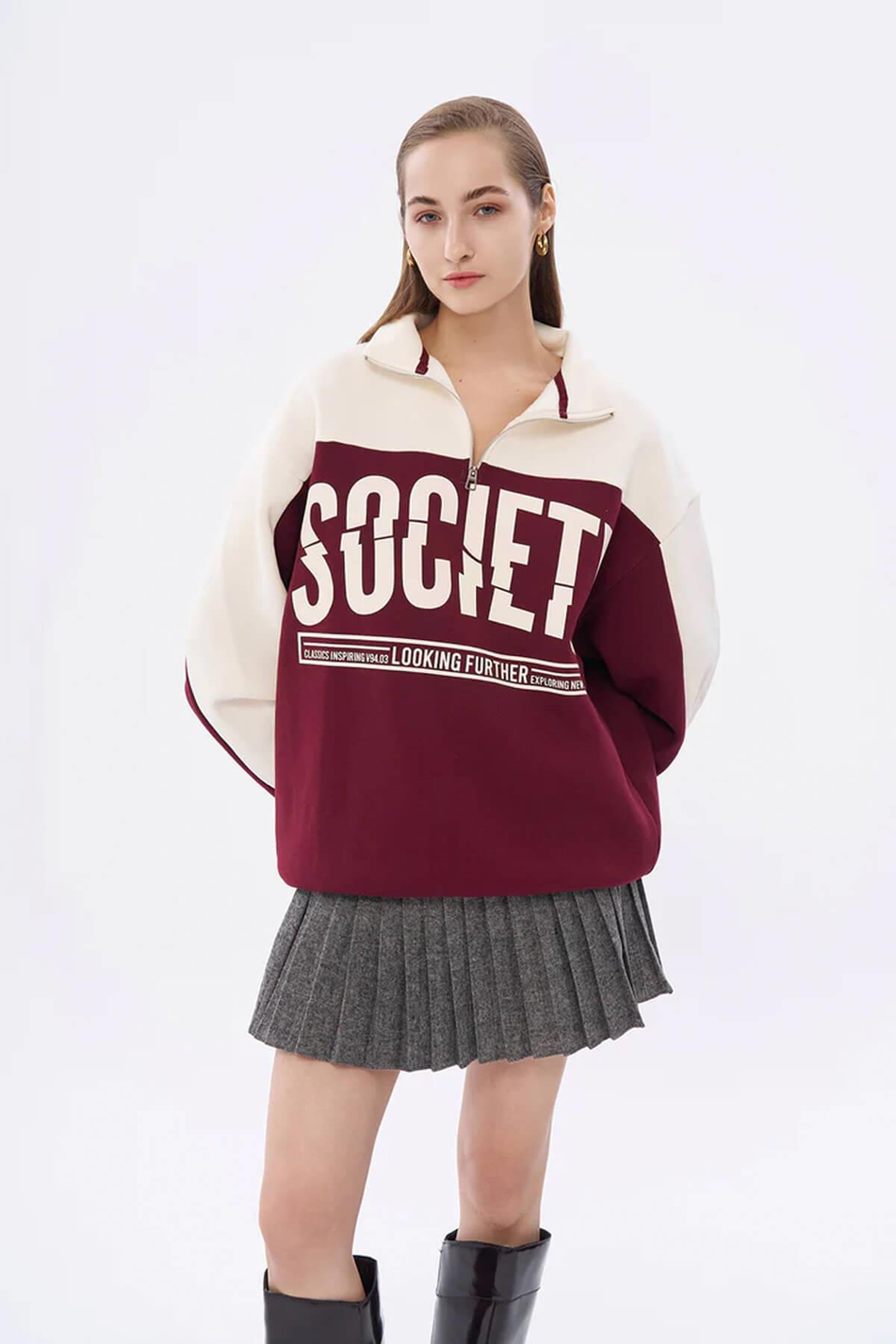 Fermuarlı Yarım Boğazlı Yazılı Sweatshirt Bej-Coral