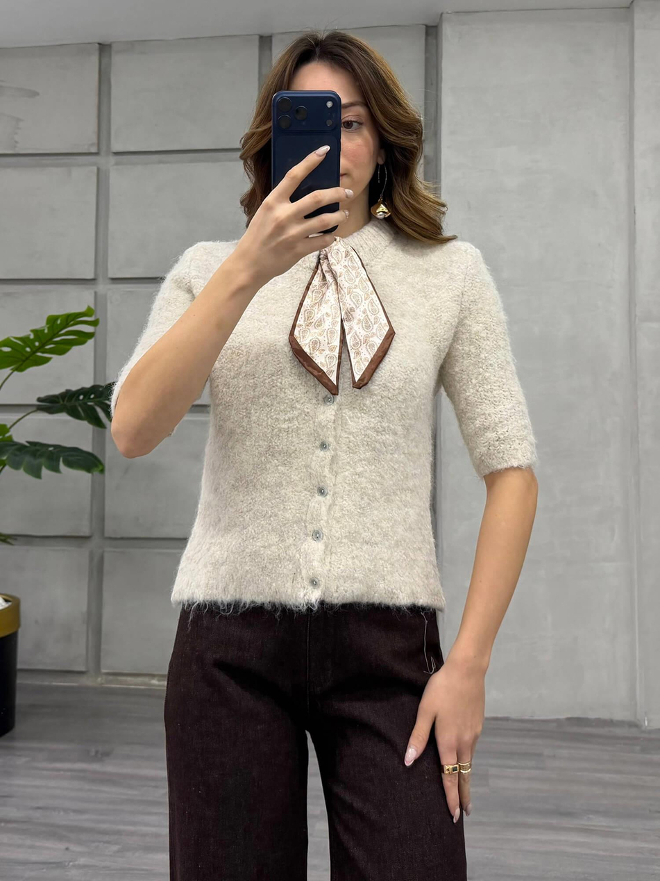 Fularlı Düğmeli Kısa Hırka 3193 Açık BejCoral